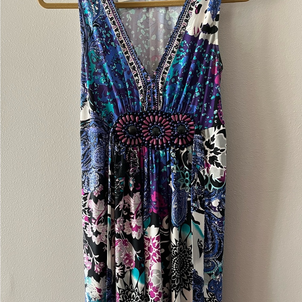 Beautiful Blue-Multi-Colored Shin-Length Midi Dress w/ Beads